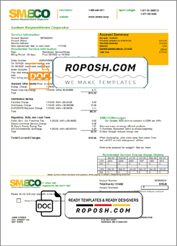 USA Maryland SMECO utility bill template in Word and PDF format