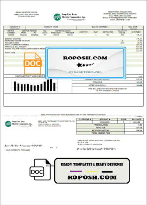 USA Deep East Texas Electric utility bill template in Word and PDF format