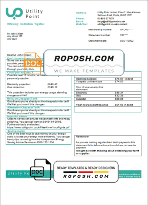 United Kingdom Utility Point utility bill template in Word and PDF format