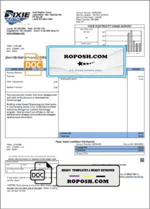 USA Mississippi Dixie Electric utility bill template in Word and PDF format