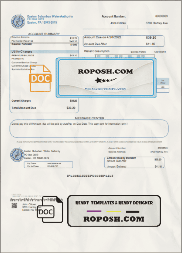 USA Eastern Suburban Water Authority utility bill template in Word and PDF format