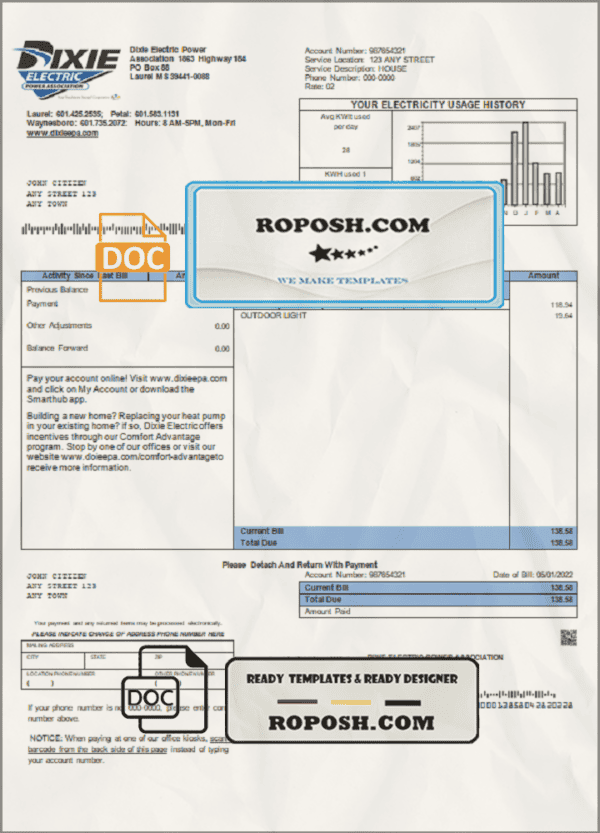 USA Mississippi Dixie Electric utility bill template in Word and PDF format