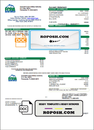 USA ECUA utility bill template in Word and PDF format