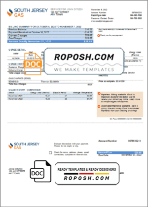 USA New Jersey South Jersey Gas utility bill template in Word and PDF format