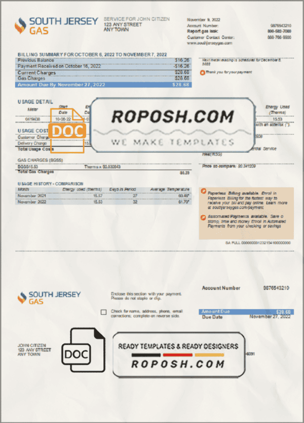 USA New Jersey South Jersey Gas utility bill template in Word and PDF format