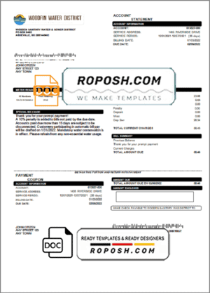 USA North Carolina Woodfin Sanitary Water & Sewer District utility bill template in Word and PDF format