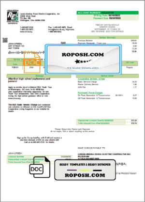 USA Ohio Lorain-Medina Rural Electric utility bill template in Word and PDF format