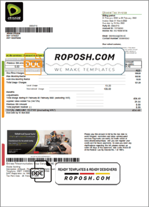 UAE Etisalat utility bill template in Word and PDF format