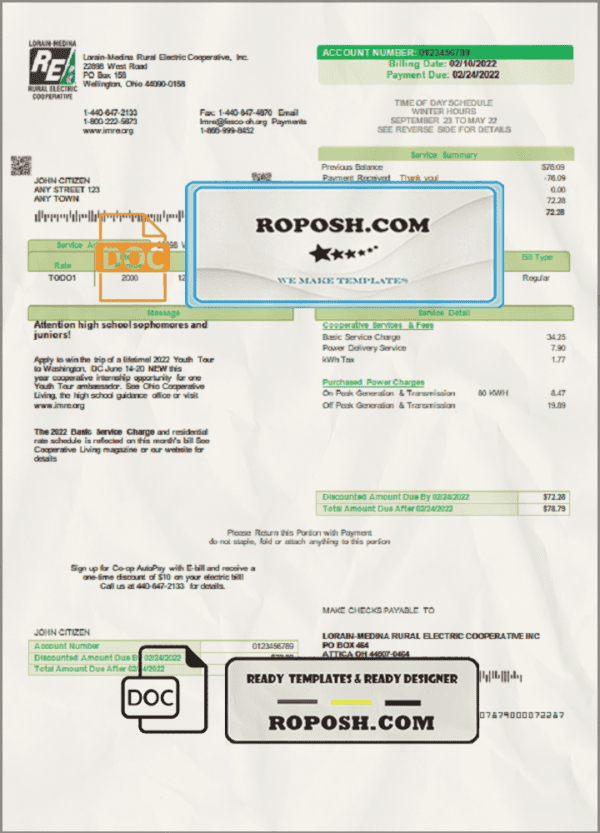 USA Ohio Lorain-Medina Rural Electric utility bill template in Word and PDF format