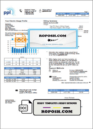 USA Philadelphia PPL utility bill template in Word and PDF format