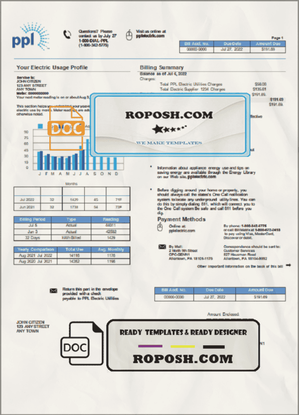 USA Philadelphia PPL utility bill template in Word and PDF format