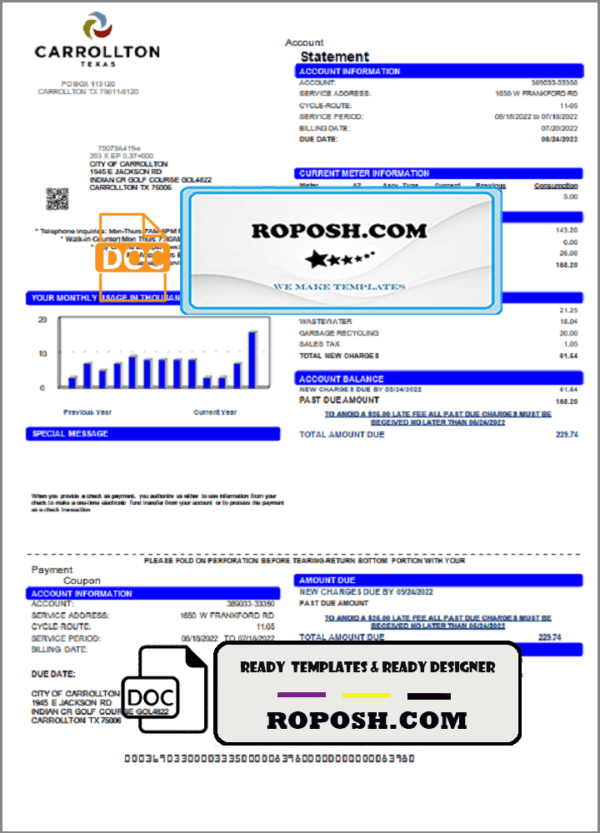 USA Texas Carrollton utility bill template in Word and PDF format