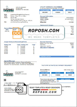 USA Texas McKinney utility bill template in Word and PDF format