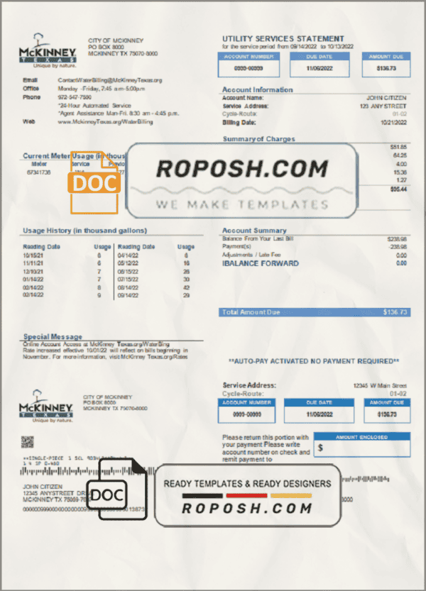 USA Texas McKinney utility bill template in Word and PDF format