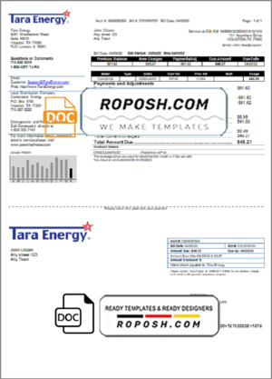 USA Texas Tara Energy utility bill template in Word and PDF format