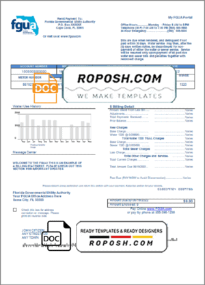 USA Florida FGUA utility bill template in Word and PDF format