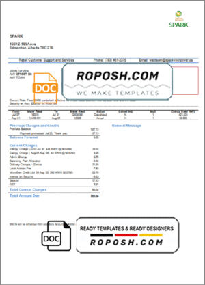 Canada Alberta Spark utility bill template in Word and PDF format
