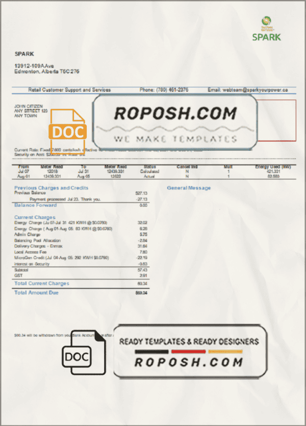 Canada Alberta Spark utility bill template in Word and PDF format