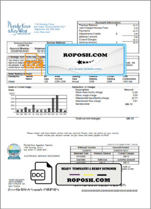 USA Florida Florida Keys utility bill template in Word and PDF format