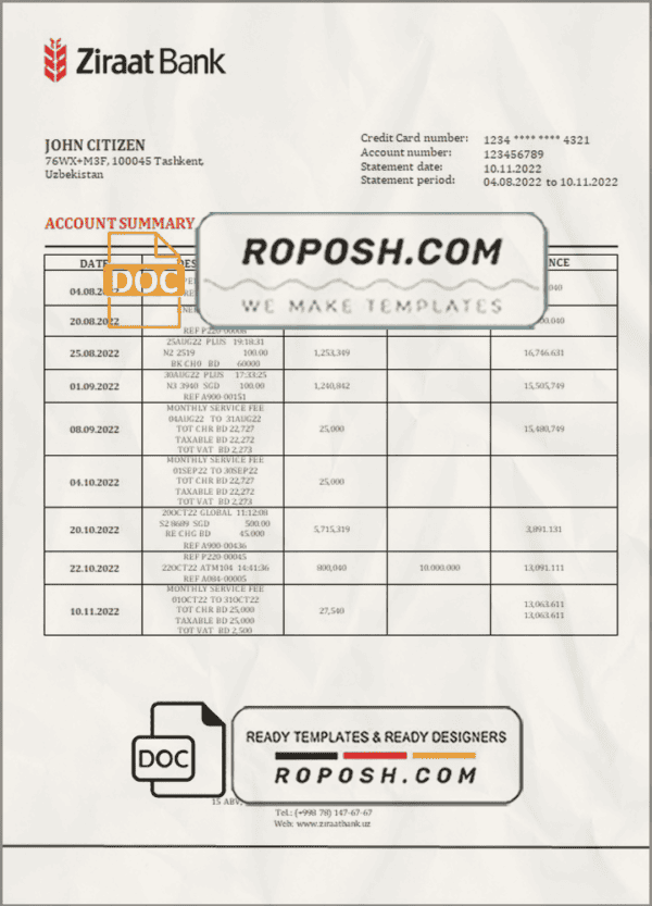 Uzbekistan Ziraat Bank statement template in Word and PDF format