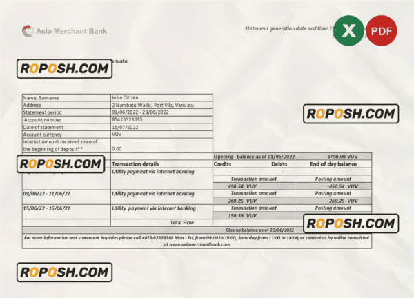 Vanuatu Asia Merchant bank statement, Excel and PDF format