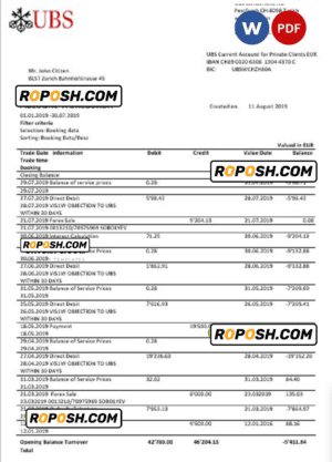 Switzerland UBS bank proof of address statement template in Word and PDF format, version 1