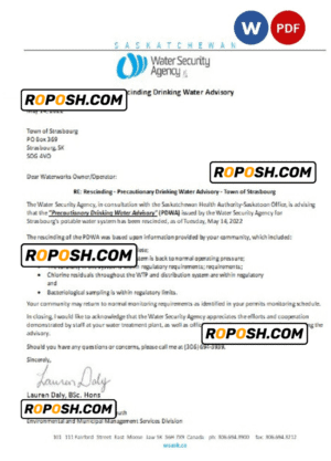 Canada Saskatchewan Strasbourg Water Security Agency water utility shut off notice, Word and PDF template