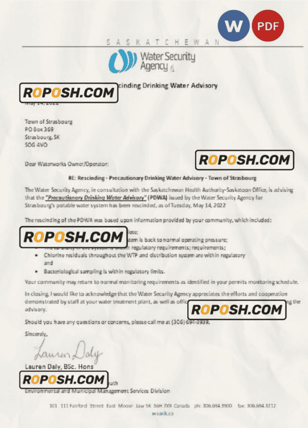 Canada Saskatchewan Strasbourg Water Security Agency water utility shut off notice, Word and PDF template