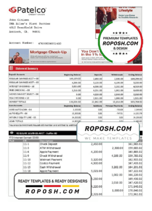 USA California Patelco Credit Union bank statement template in Word and PDF format