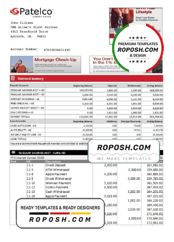 USA California Patelco Credit Union bank statement template in Excel and PDF format