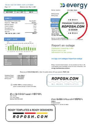 USA Missouri Evergy electricity utility bill template in .doc and .pdf format