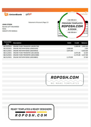 Philippines Unionbank bank statement template in Excel and PDF format