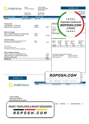 Canada British Columbia FortisBC utility bill template in Word and PDF format