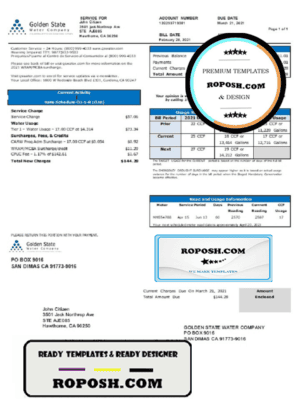 USA California Golden State Water Company utility bill template in .doc and .pdf format
