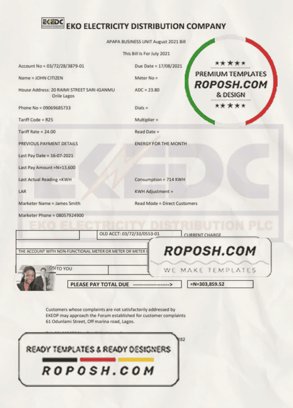 Nigeria Eko Electricity Distribution Company (EKEDC) utility bill template in Word and PDF format