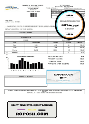 USA Ohio Village of Jackson Center Public Power utility bill template in Word and PDF format