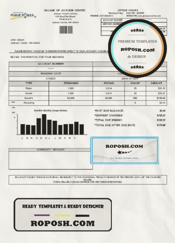 USA Ohio Village of Jackson Center Public Power utility bill template in Word and PDF format