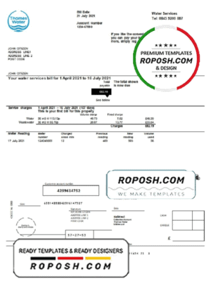 United Kingdom Thames Water utility bill template in Word and PDF format
