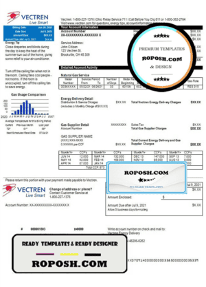 USA Ohio Vectren Energy utility bill template in Word and PDF format