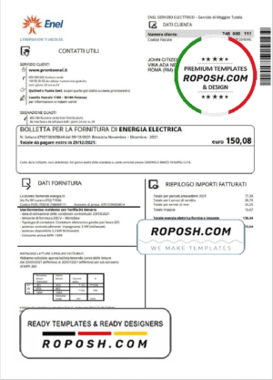 Italy Enel electricity utility bill template in Word and PDF format
