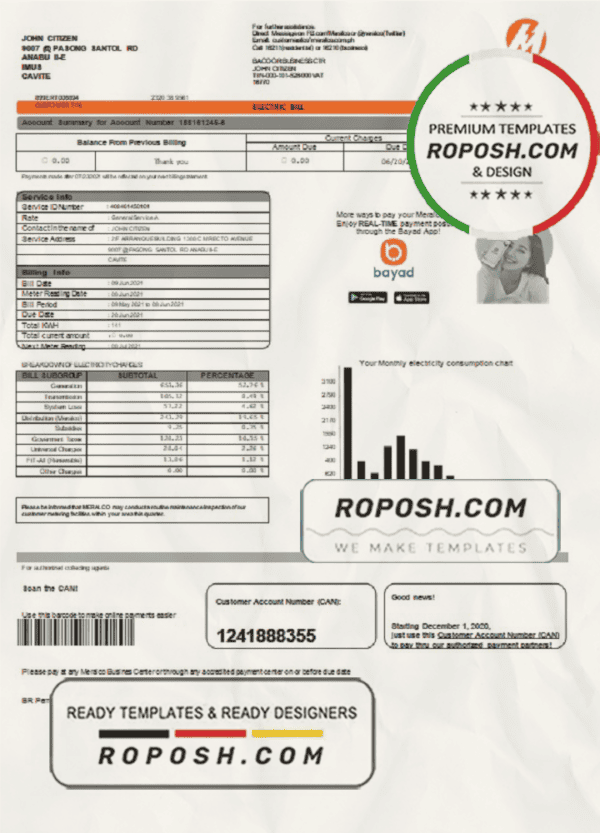 Philippines Meralco electricity utility bill template in Word and PDF format, version 2