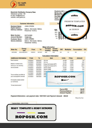 Palestine Electricity Distribution Company Gaza (GEDCO) utility bill template in Word and PDF format