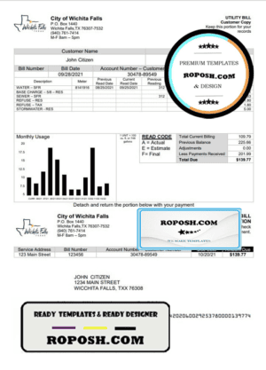 USA The City of Wichita Falls Utility bill template in Word and PDF format