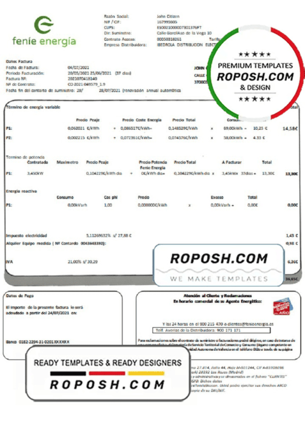 Spain Feníe Energía utility bill template in Word and PDF format