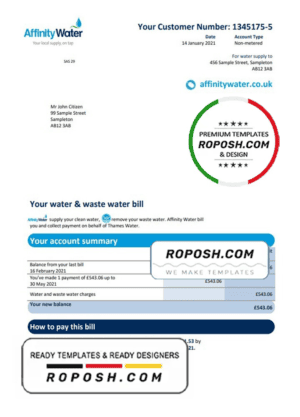United Kingdom Affinity Water utility bill template in Word and PDF format