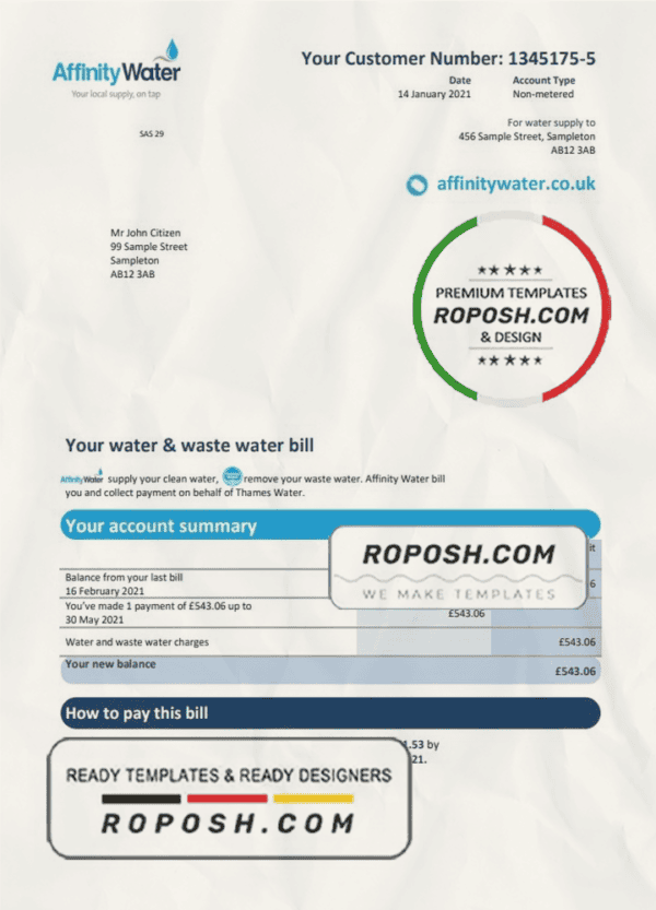 United Kingdom Affinity Water utility bill template in Word and PDF format