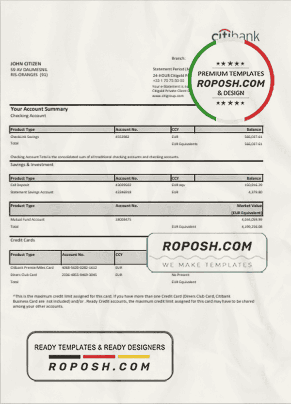 France Citibank bank statement template in .xls and .pdf file format
