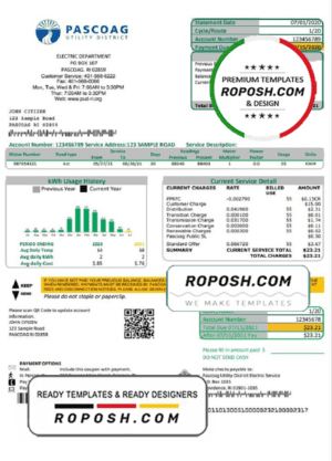 USA Rhode Island Pascoag Utility District utility bill template in Word and PDF format