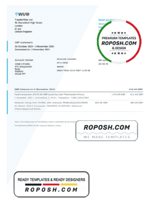 United Kingdom Wise bank statement template in Word and PDF format