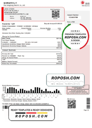 Hong Kong Hongkong Electric Company utility bill template in Word and PDF format